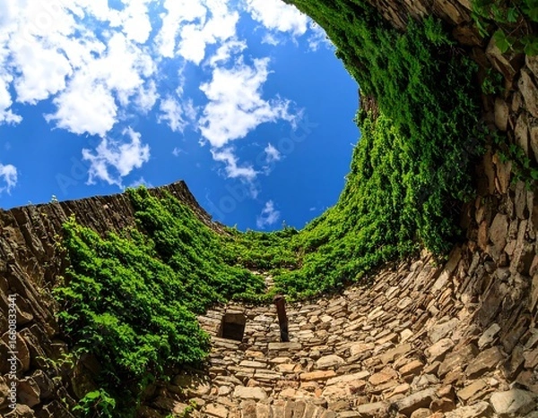 Fototapeta Stone tower overgrown with ivy, sky view