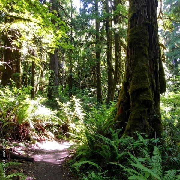 Fototapeta Sunlit forest path through ferns and trees