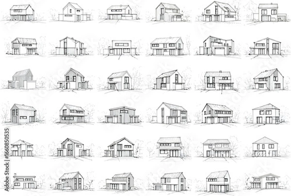 Fototapeta Collection of hand drawn architectural sketches showcasing diverse modern residential house designs and building elevations
