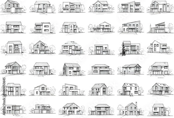 Fototapeta Collection of architectural hand drawn sketches showcasing diverse residential building designs and facade styles