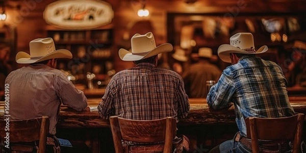 Fototapeta Cowboys enjoying drinks at a rustic saloon bar.