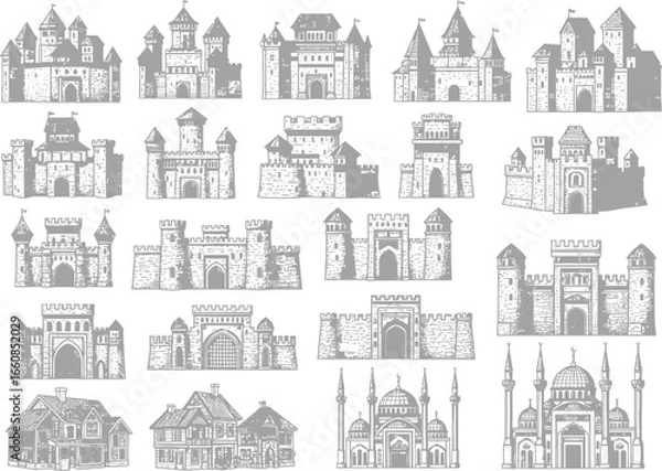 Fototapeta Collection of diverse hand drawn architectural illustrations of european castles and palaces in black and white sketch style