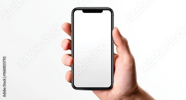 Fototapeta Hand holding a black smartphone with blank screen against a white background