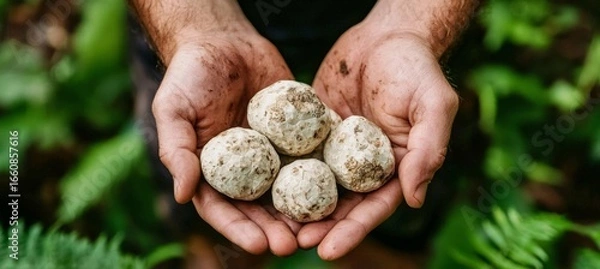 Fototapeta The delicate touch of hands presenting large white truffles surrounded by greenery.