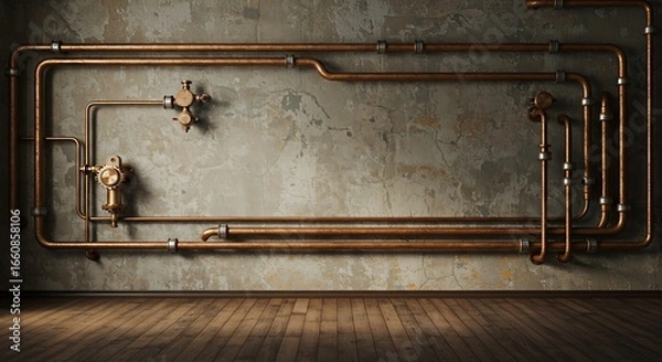 Fototapeta Empty room with Vintage steampunk backdrop with pipes, stucco wall and wooden floor