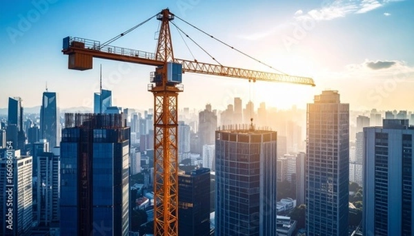 Fototapeta Scene of large crane lifting skyscraper steel structure, modern city background