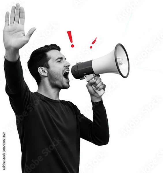 Fototapeta Man with megaphone shouting left hand raised white border isolate collage art announcement protest rally