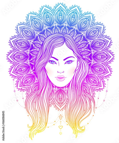 Fototapeta Tribal Fusion Boho Diva. Beautiful divine girl with ornate mandala-shaped halo, native American Indian feather headdress inspired. Adult anti-stress coloring book page.