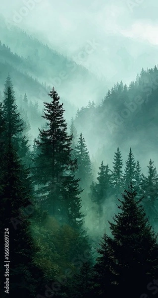 Obraz Misty mountain scene. Dense evergreen forest shrouded in fog, a serene, tranquil view