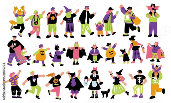 Fototapeta ハロウィンパーティーと仮装を楽しむ人々の手書きイラスト