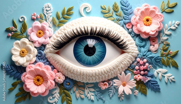 Fototapeta Knitted Eye Adorned with Delicate Floral Sculptures.