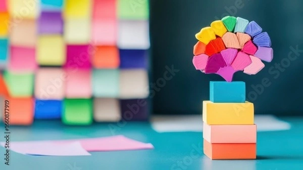 Fototapeta Colorful abstract structure made of stacked pastel blocks topped with small heart-shaped objects in vibrant rainbow colors, blurred background with sticky notes