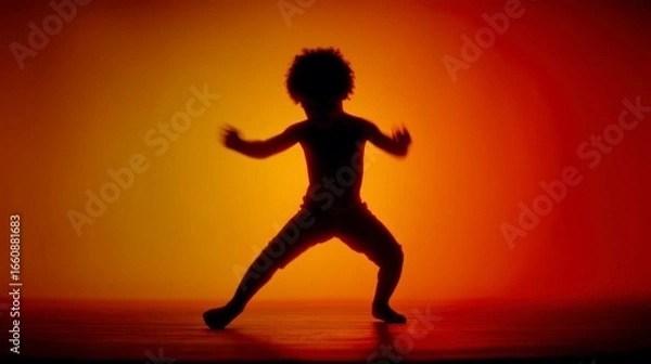 Fototapeta Silhouette of a child with afro hair dancing energetically against a warm gradient background