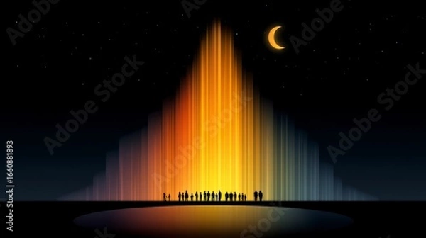 Fototapeta Silhouettes of people gather before a vibrant layered light installation under a crescent moon and starry night sky