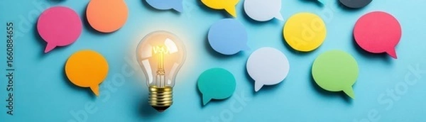 Fototapeta Colorful speech bubbles with a glowing light bulb symbolizing ideas communication and creativity on vibrant blue background with diverse discussion concepts