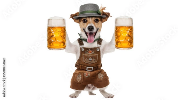Fototapeta Joyful dog in costume with beer mugs, created with AI, PNG