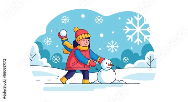 Fototapeta Happy girl building a snowman and playing in the snow during a winter snowfall.