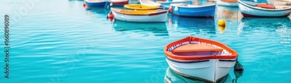 Fototapeta Detailed scenic view of colorful small boats floating on calm clear blue water in a serene harbor with reflections and ripples du daytime