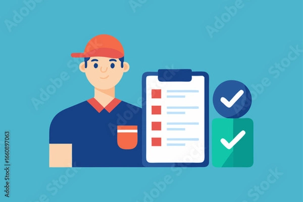 Fototapeta Flat Design Driver Using AI Navigation App Showing Route