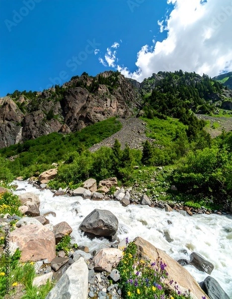 Fototapeta Mountain river flows through lush valley