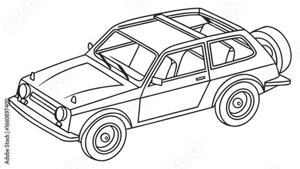 Obraz Classic Compact Car with Roof Rack & Spare Tire Line Art. Retro Hatchback Outline for Automotive Design.