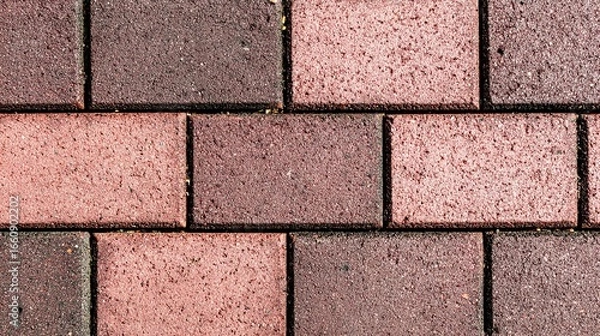 Fototapeta Red brick paver background with close-up of red rectangular concrete pavers on brown gravel ground, showcasing texture and pattern of outdoor floor material.