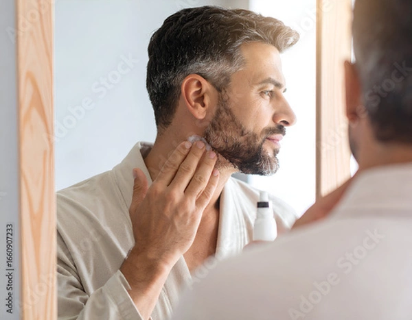 Fototapeta Handsome middle-aged man in a soft bathrobe applying aftershave or moisturizer to his neck as part of his daily grooming routine