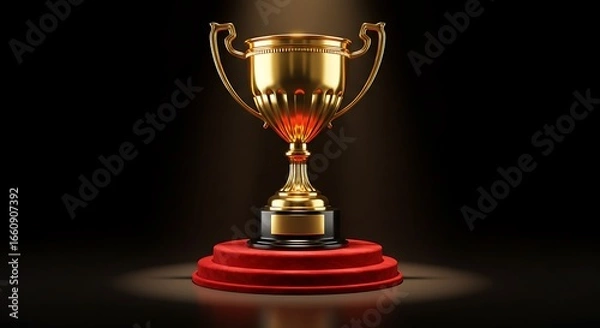 Fototapeta Golden trophy cup on a red pedestal symbolizing victory success and achievement against a dark background with spotlight for winners