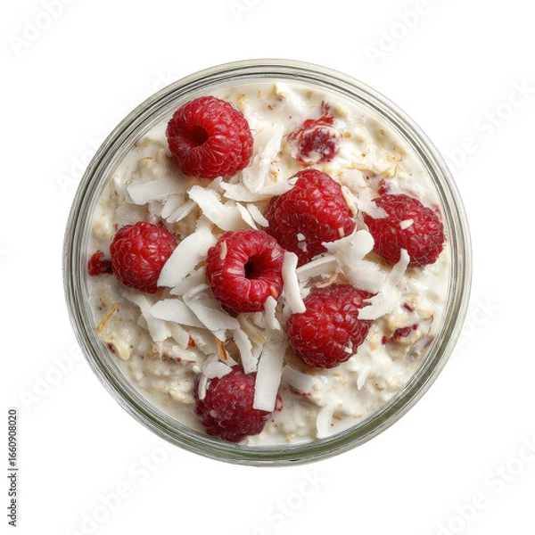 Obraz Healthy oatmeal bowl with fresh raspberries and coconut flakes isolated on transparent background