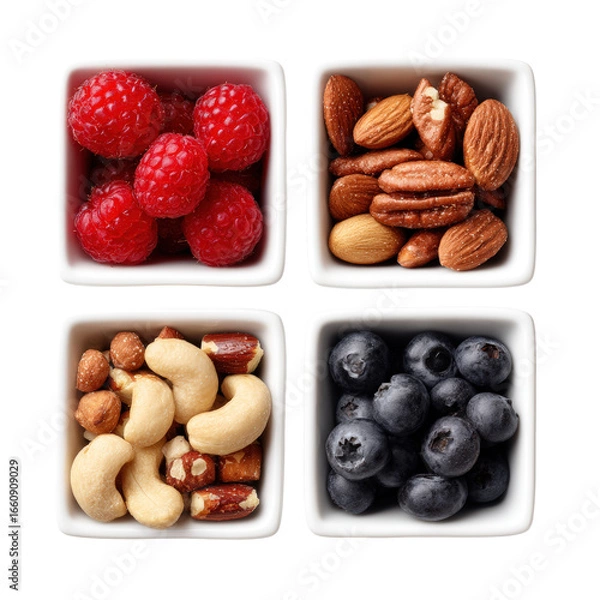 Obraz Assorted fresh berries and nuts in small bowls isolated on transparent background