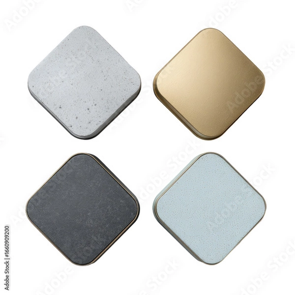 Fototapeta Four square textured tiles in gold, gray, white, and blue isolated on transparent background