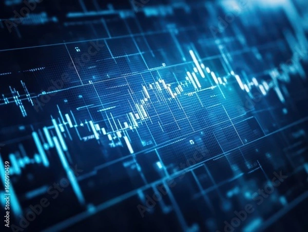 Fototapeta Advanced digital financial graph data analysis with fluctuating line chart, stock market trend visualization and trading insights on a futuristic technology background