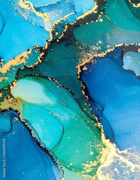 Fototapeta Abstract painting with flowing blues, greens, and gold