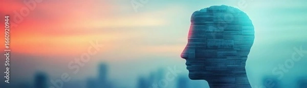 Fototapeta Vibrant futuristic digital composite of a human profile made of layered neon blue digital lines against a colorful sunset sky with city silhouette in the background