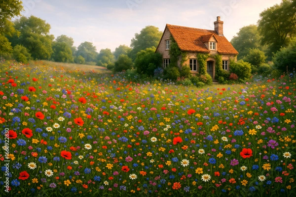 Obraz AI-Generated enchanting wildflower meadow landscape background with charming stone cottage surrounded by vibrant spring blooms for countryside tourism and pastoral lifestyle content.