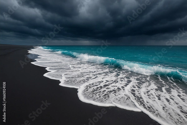 Obraz AI-Generated powerful ocean waves landscape background crashing on volcanic black sand beach under dramatic storm clouds for extreme weather and coastal tourism content.