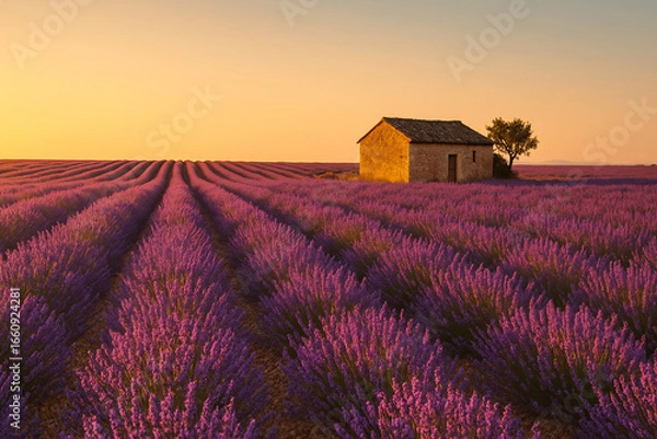 Obraz AI-Generated picturesque lavender field rows landscape background with rustic stone farmhouse at golden sunset for Provence tourism and agricultural marketing content.