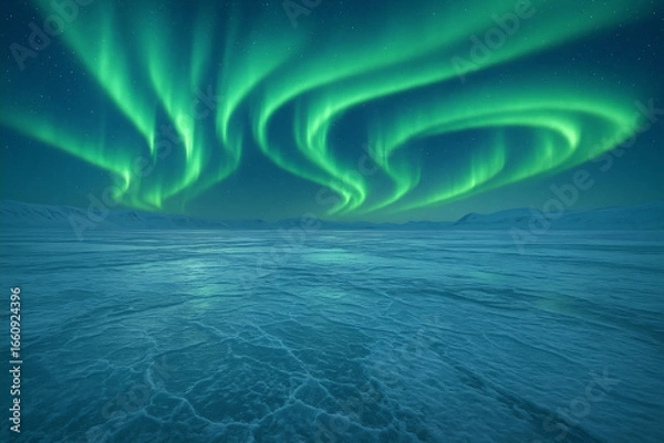 Obraz AI-Generated spectacular aurora borealis northern lights landscape background over frozen arctic ice surface with swirling green patterns for nature photography and winter travel marketing.