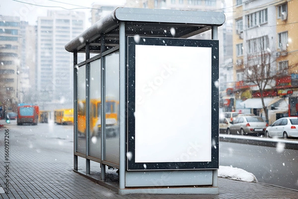 Fototapeta Urban Bus Stop with Blank White Billboard in Snowy City Street. Mock up promotion information for marketing announcements and details, blank white space.