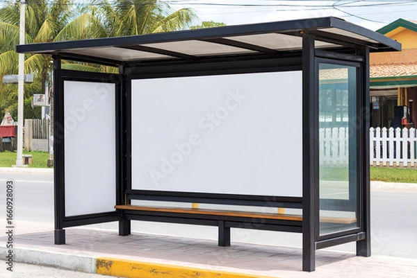 Fototapeta Modern Bus Stop with Blank White Billboard in Suburban Setting. Mock up promotion information for marketing announcements and details, blank white space.