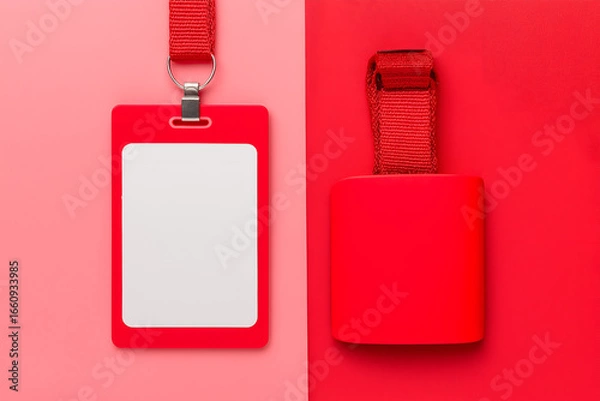 Fototapeta Red ID Badges with Lanyards on Contrasting Backgrounds. Mock up promotion information for marketing announcements and details, blank white space.