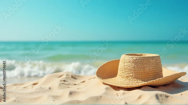 Fototapeta A straw hat rests on the pristine sand of a tropical beach under a clear sky symbolizing