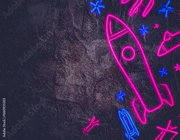 Fototapeta Neon rocket design on textured background