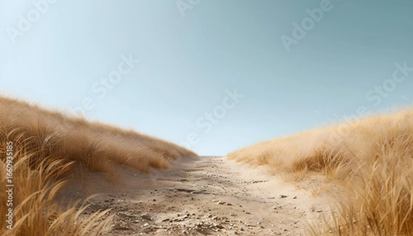 Obraz Tan Path Through Dry Golden Grass Field Leading to Pale Blue Sky