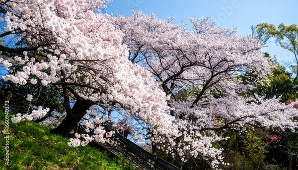Obraz Ephemeral beauty of cherry blossoms embracing the clear sky in a vibrant spring landscape