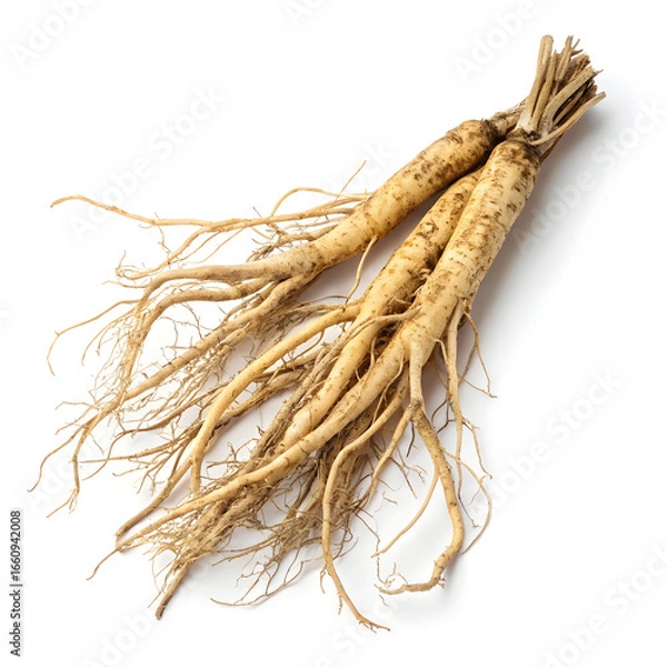Fototapeta Dried shatavari root placed on a white background, emphasizing its fibrous texture, beige color,