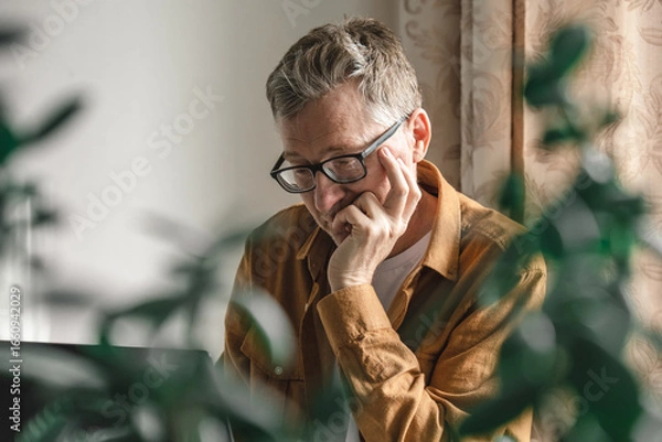 Fototapeta man sits at desk in his home, deep in thought with his hand on his chin. green plants frame scene, creating serene atmosphere for his focused work. close up.