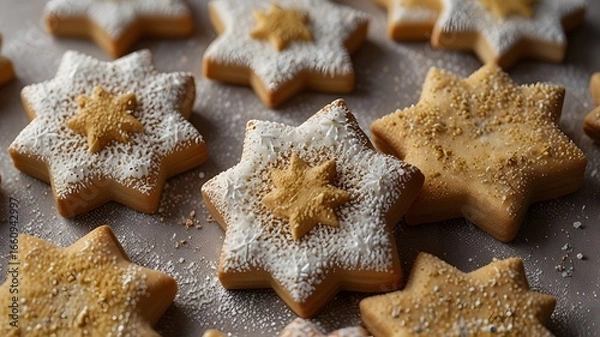 Fototapeta A delicious close up of star-shaped Christmas shortbread cookies, generously dusted with powdered sugar on a clean surface. Holiday baking concept