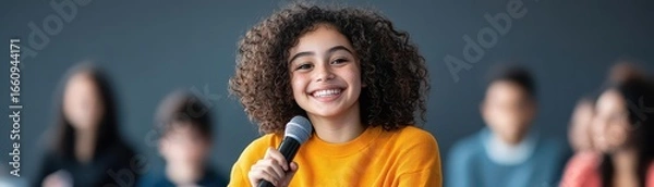 Fototapeta Young girl smiling happily holding microphone du presentation in classroom with attentive classmates in background, teaching, education, communication, youth