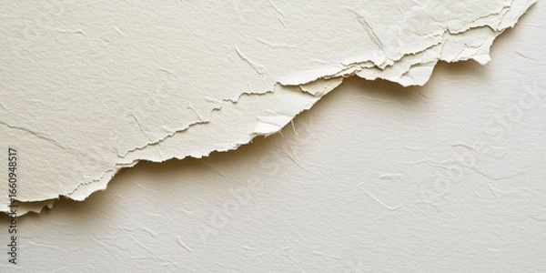 Fototapeta A section of torn, beige paper is dramatically presented against a stark black background. The paper exhibits significant tearing and fraying, with jagged edges